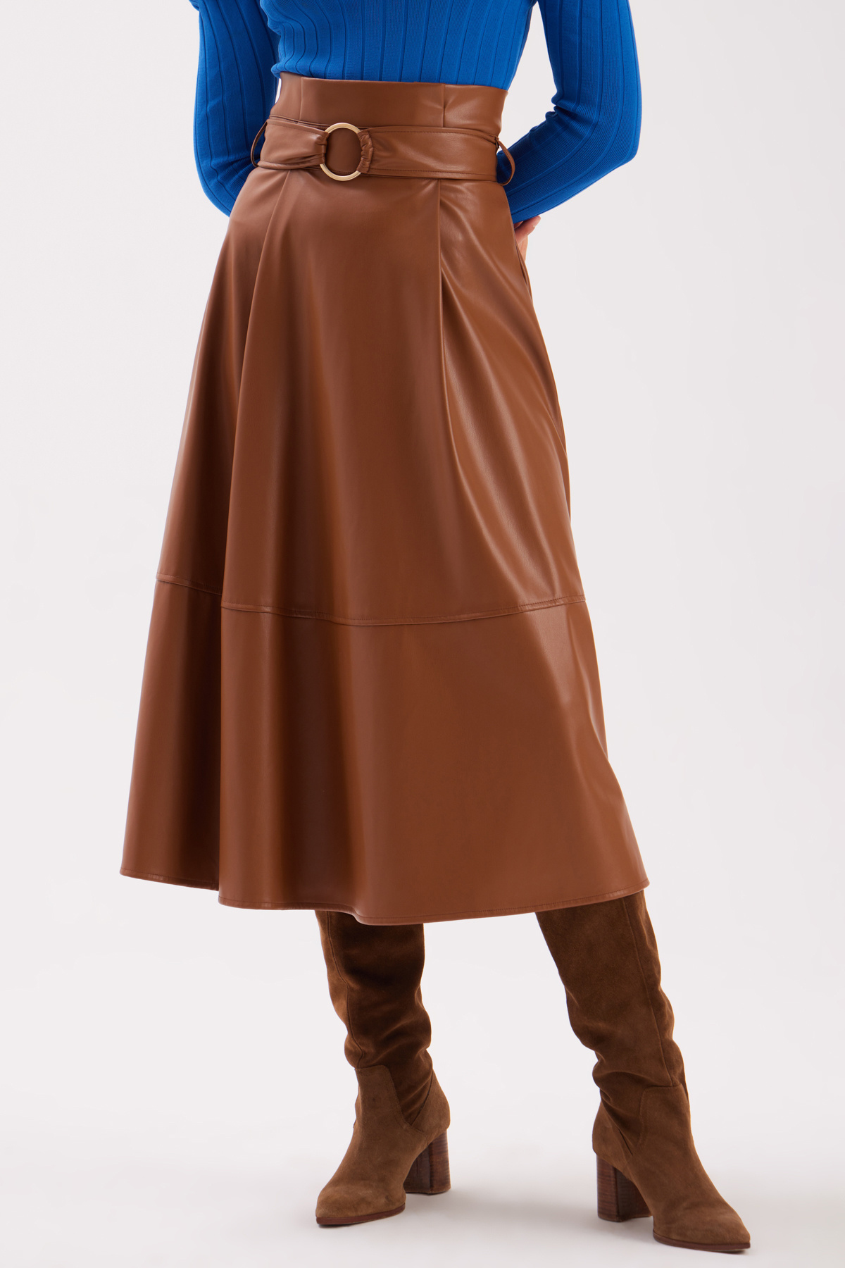 Kemerli Salaş Deri Etek - KAHVE