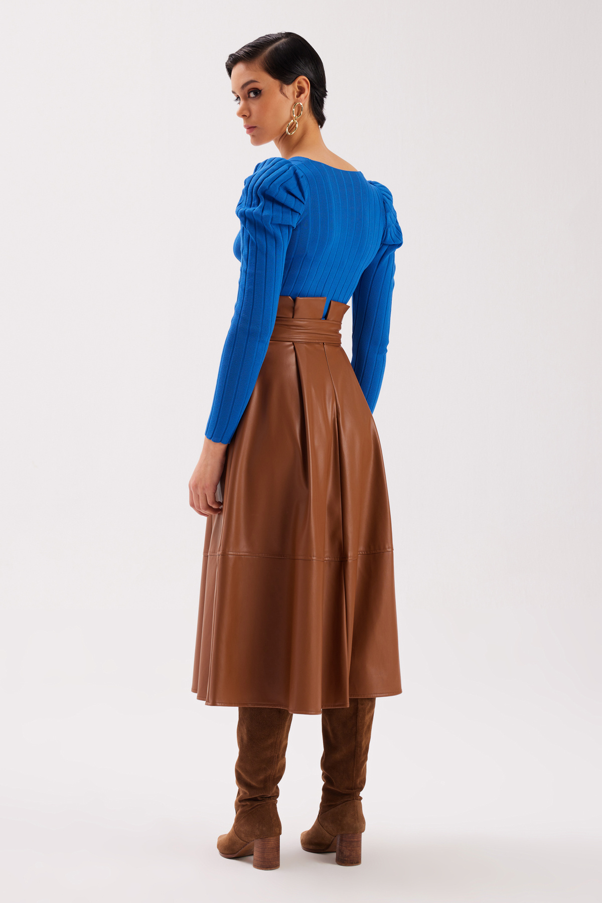 Kemerli Salaş Deri Etek - KAHVE