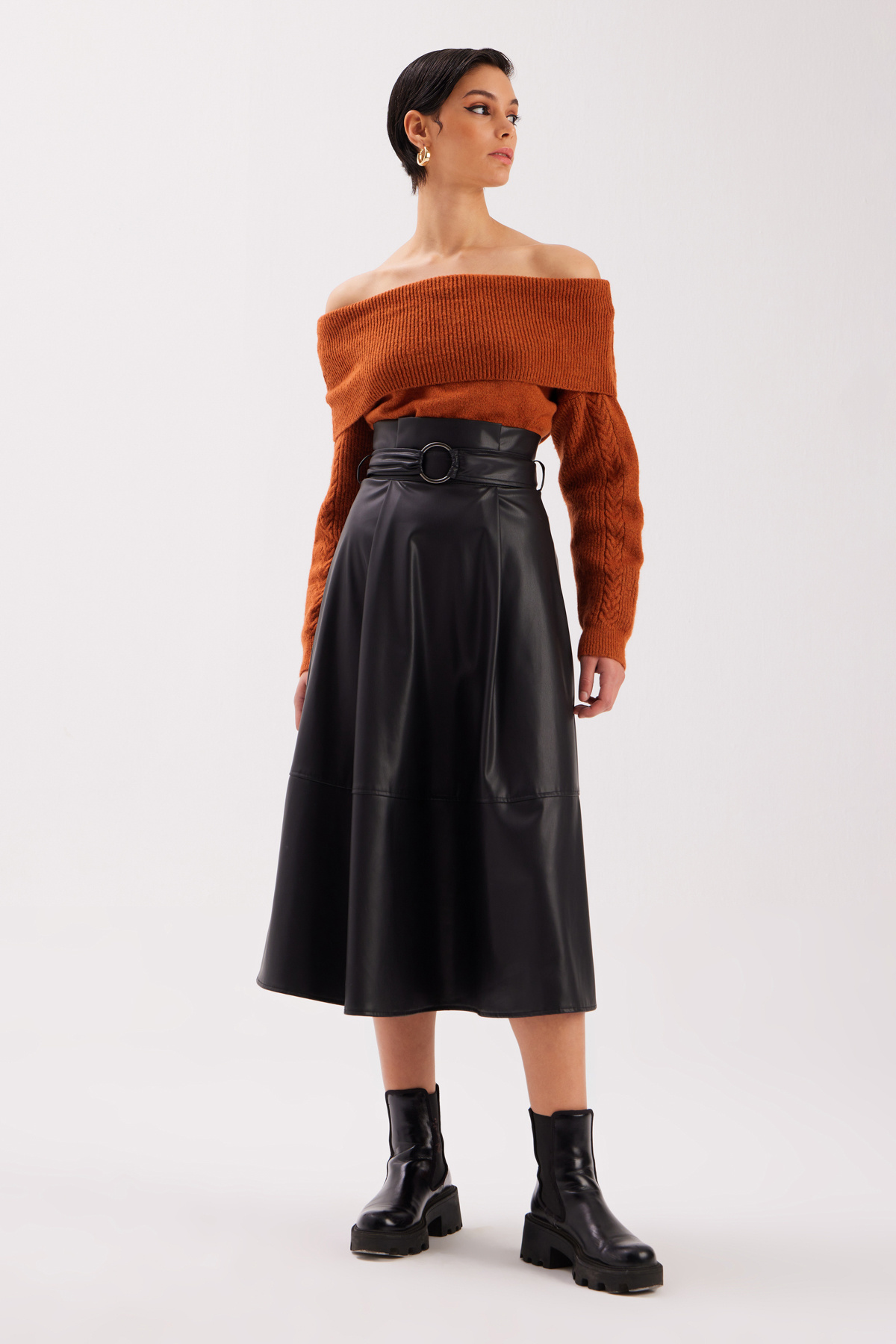 Kemerli Salaş Deri Etek - SİYAH