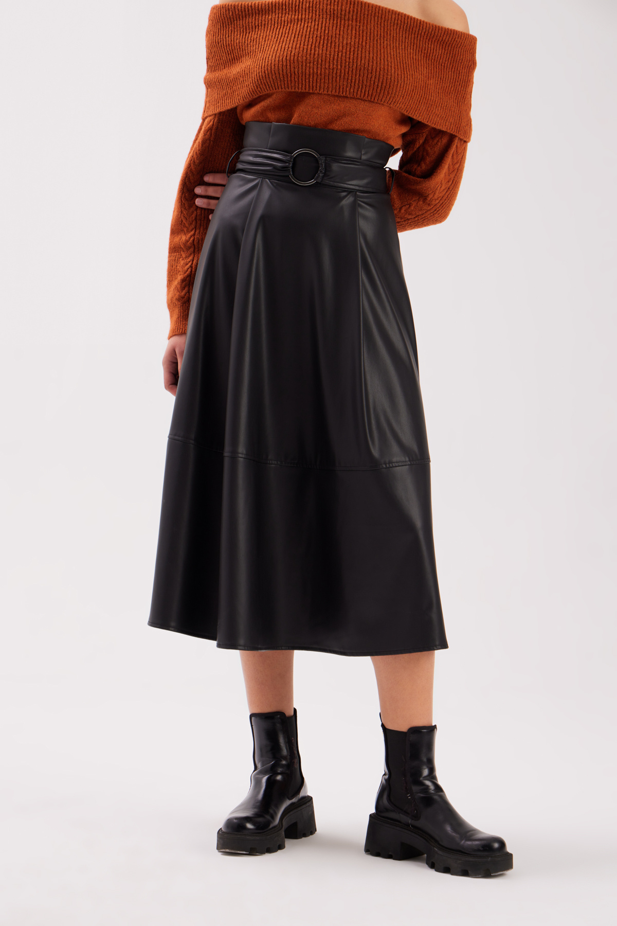 Kemerli Salaş Deri Etek - SİYAH