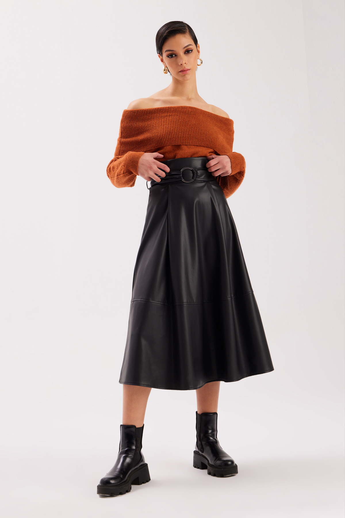 Kemerli Salaş Deri Etek - SİYAH