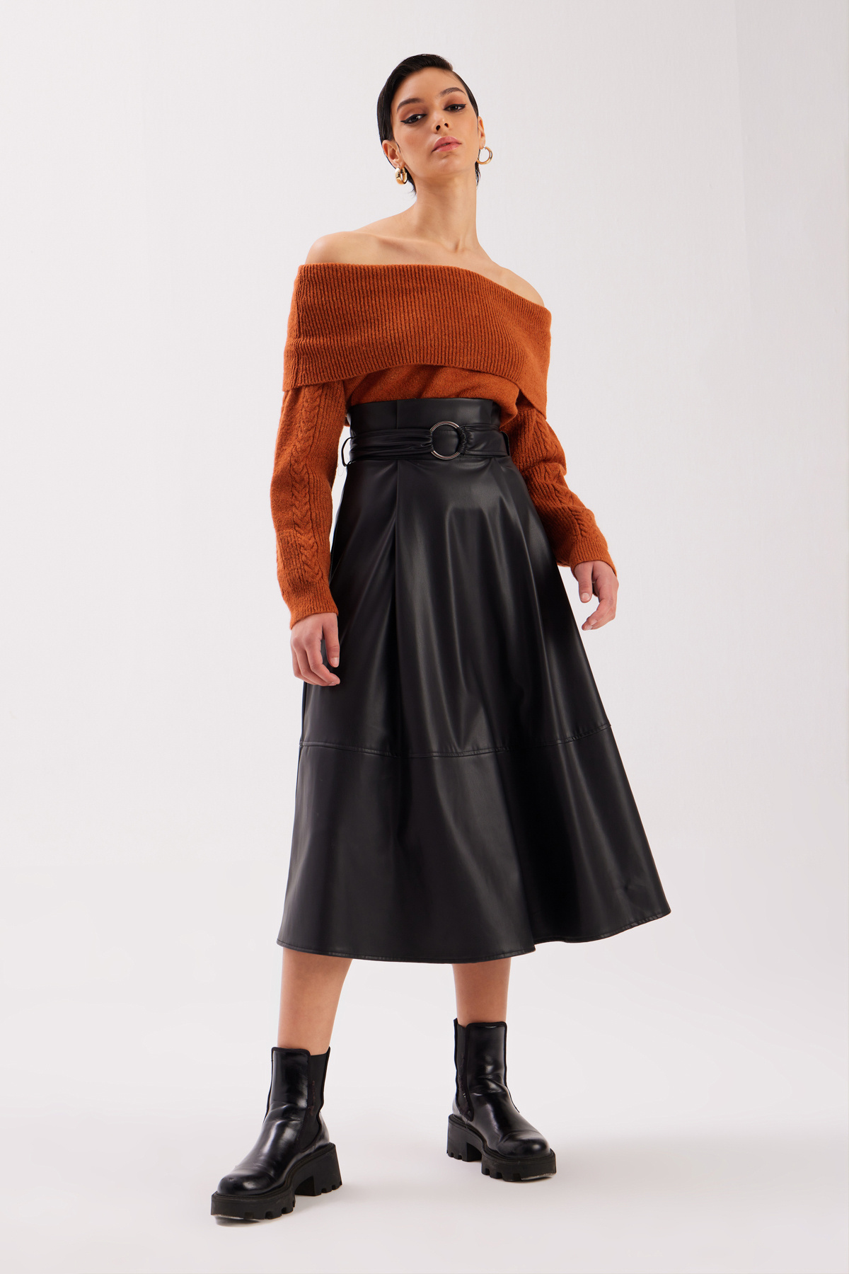 Kemerli Salaş Deri Etek - SİYAH