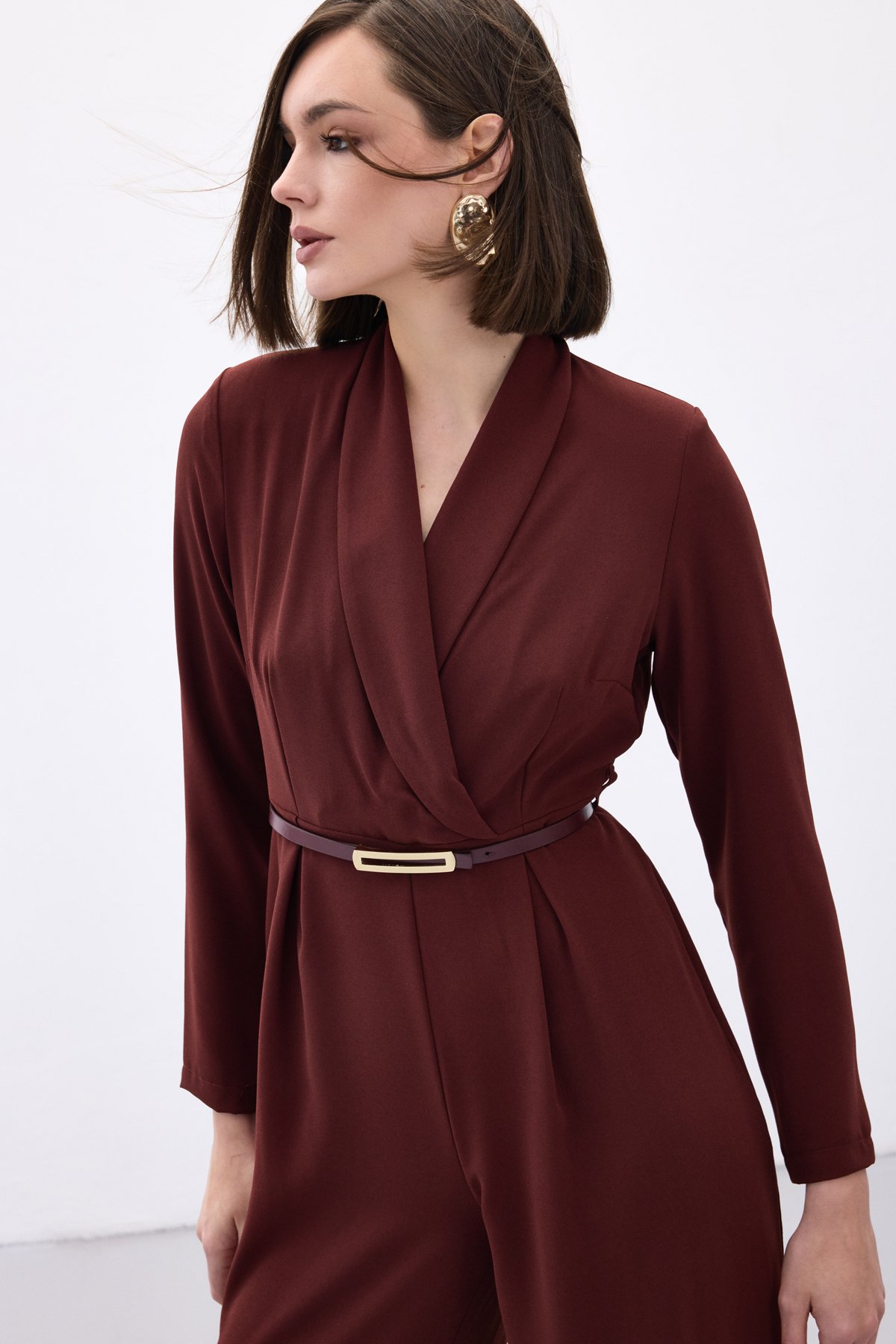 Belted Loose Rompers - Maroon