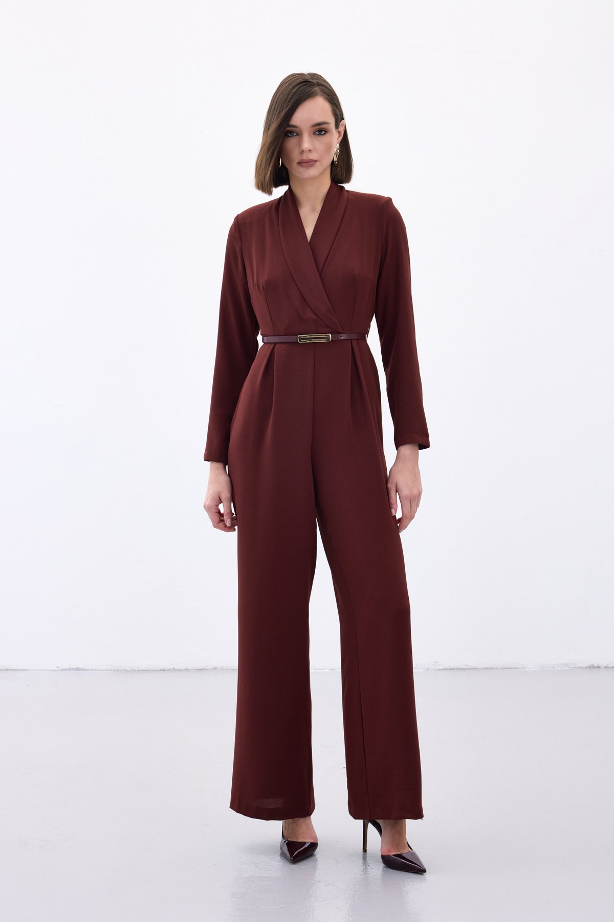 Belted Loose Rompers - Maroon