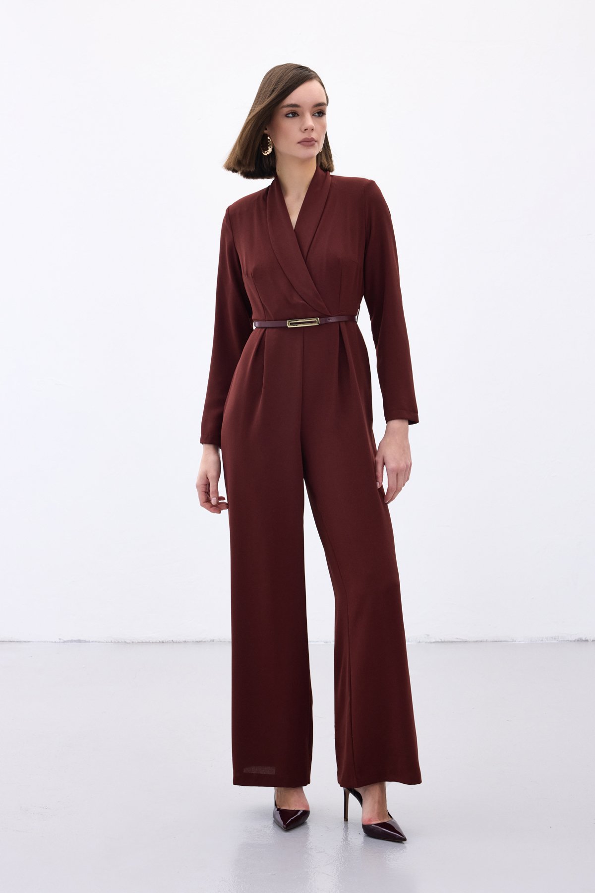 Belted Loose Rompers - Maroon