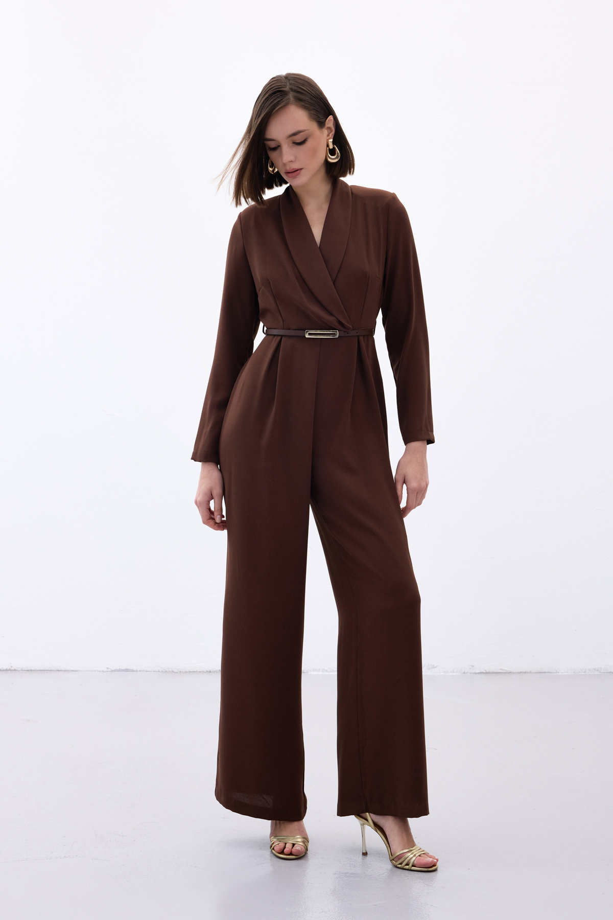Belted Loose Rompers - Brown