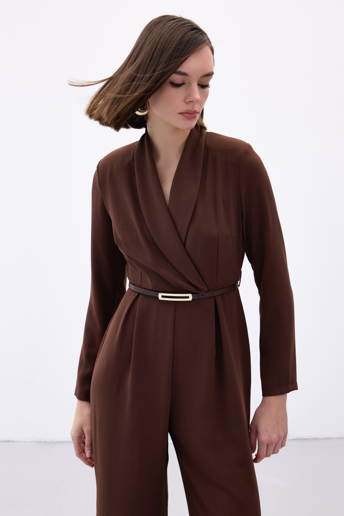 Belted Loose Rompers - Brown