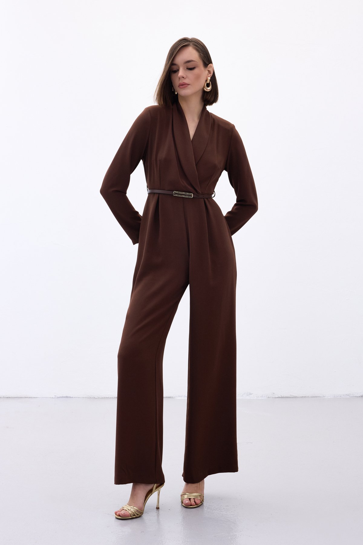 Belted Loose Rompers - Brown