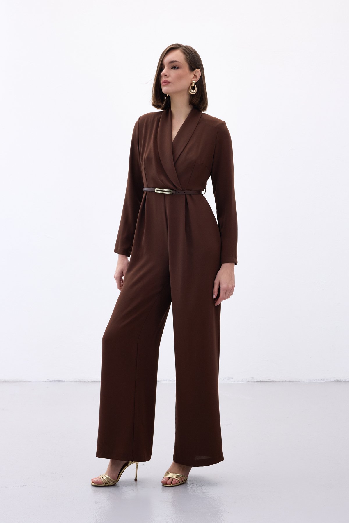 Belted Loose Rompers - Brown