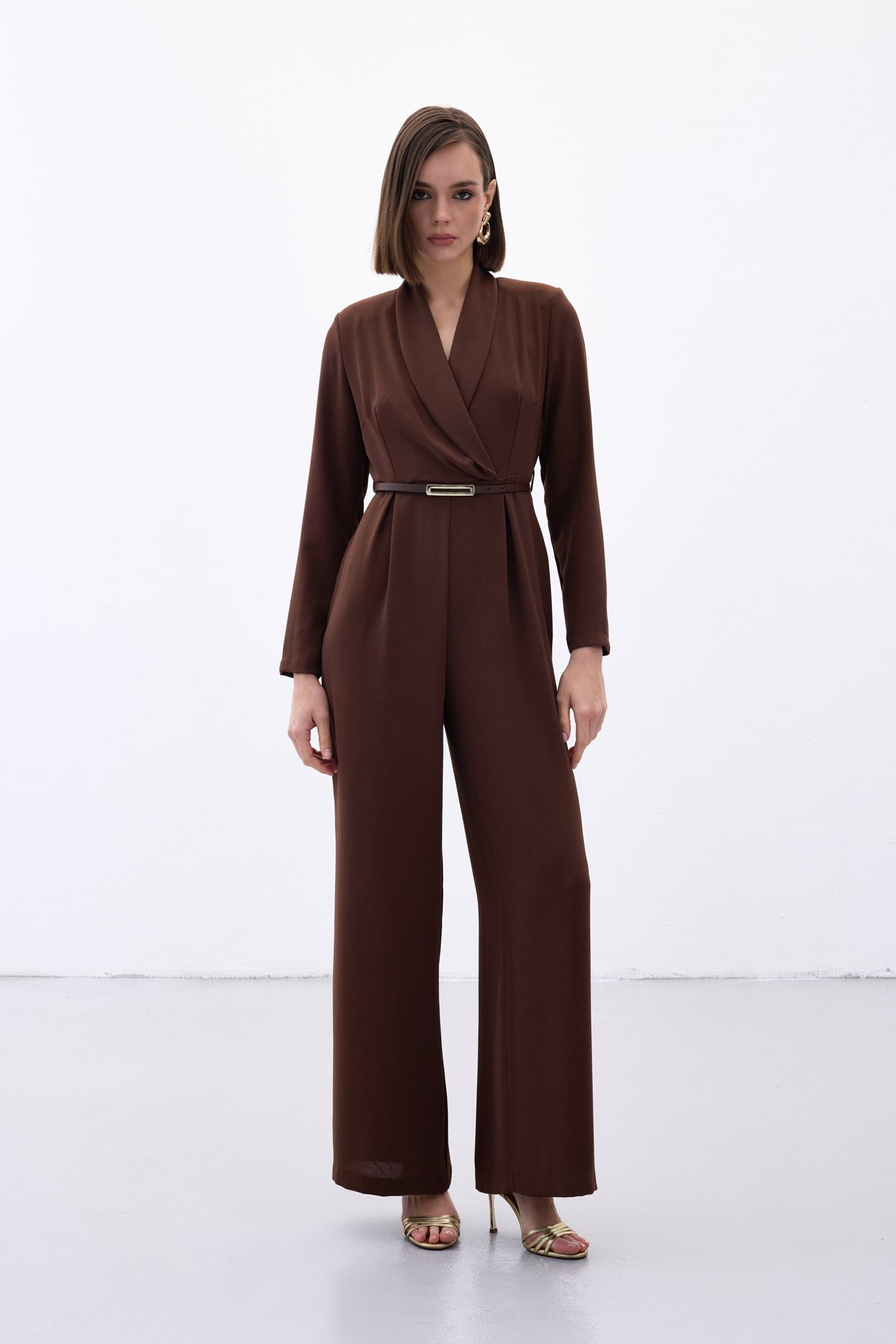 Belted Loose Rompers - Brown