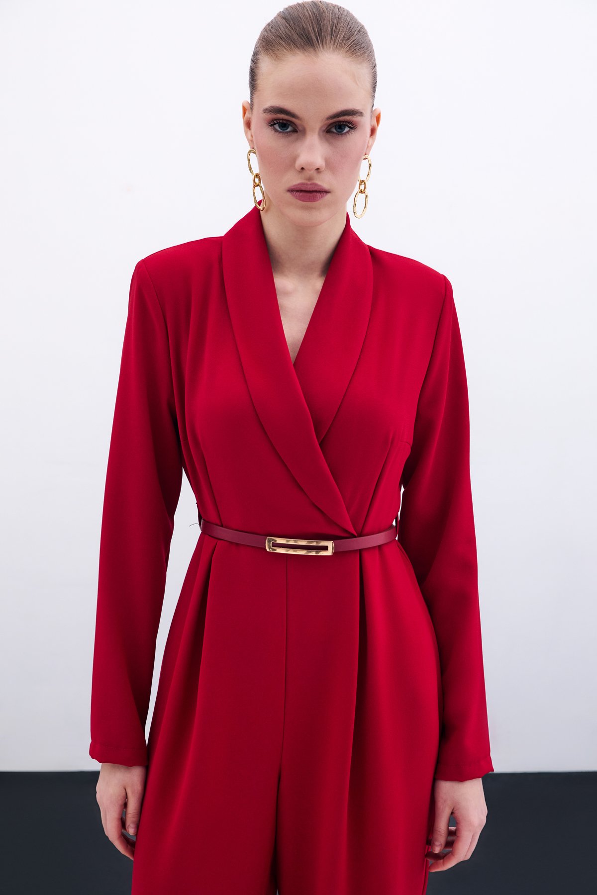 Belted Loose Rompers - Red