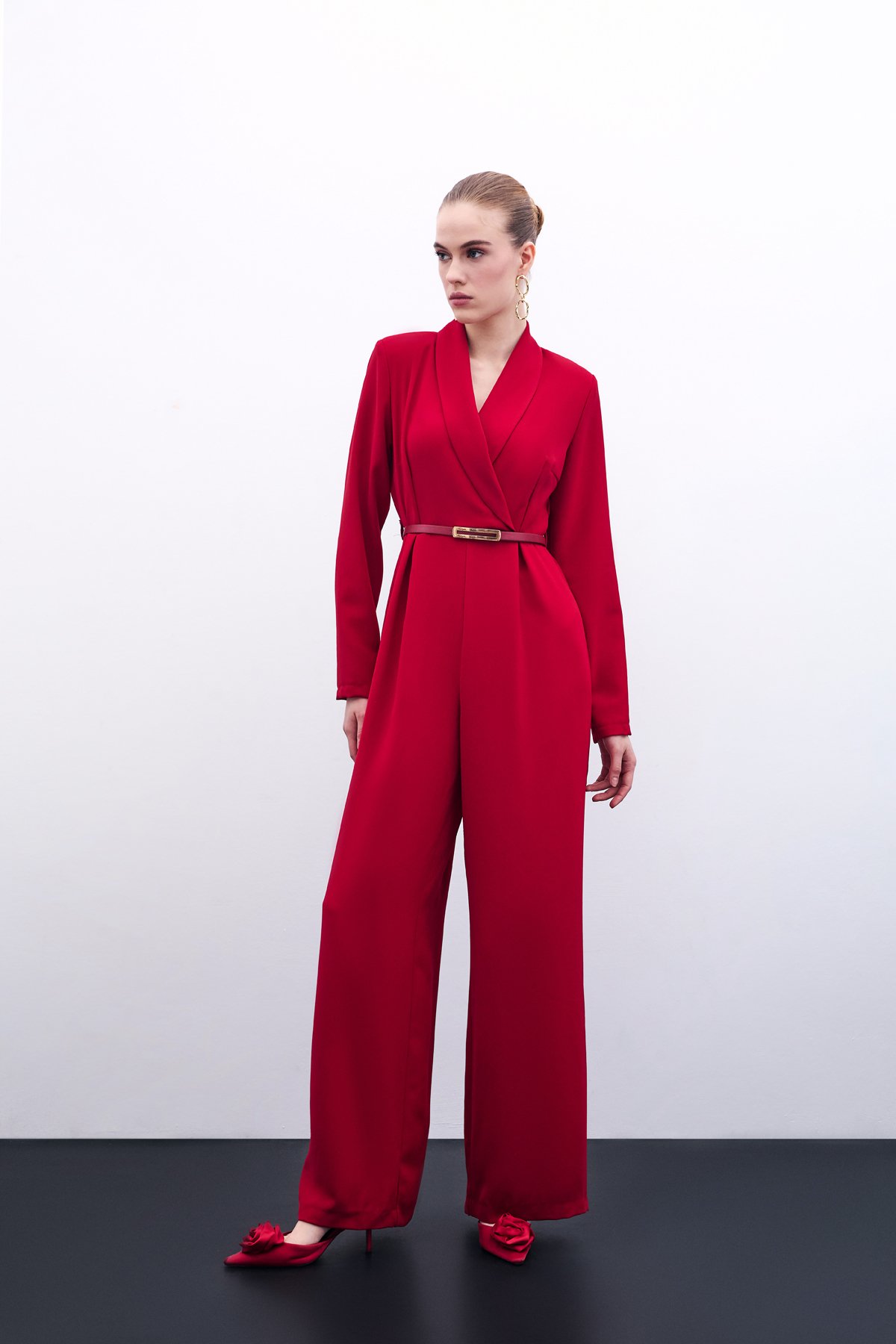 Belted Loose Rompers - Red