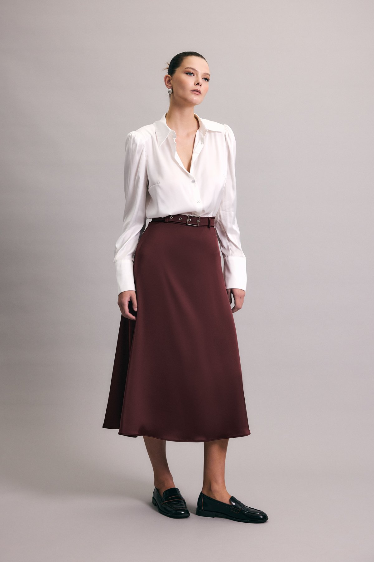 Kemerli Saten Etek - Bordo