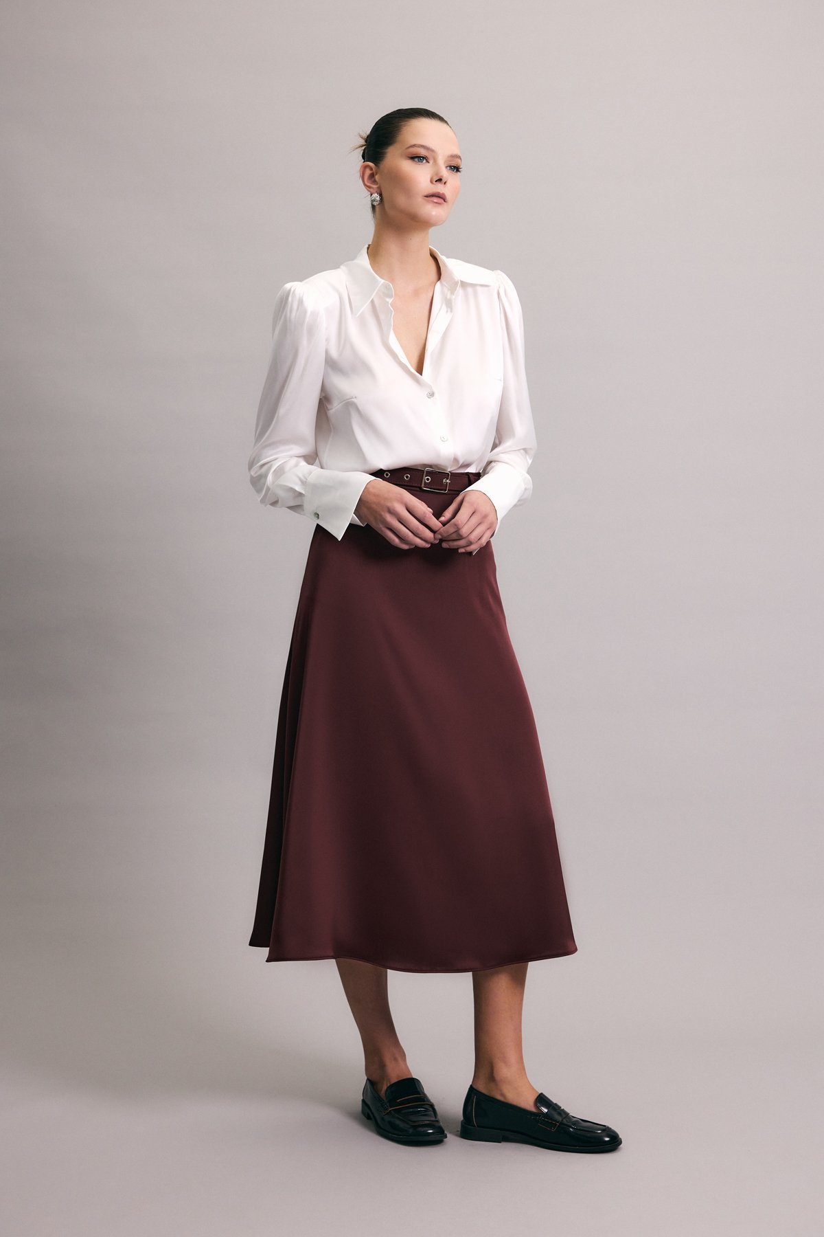 Kemerli Saten Etek - Bordo