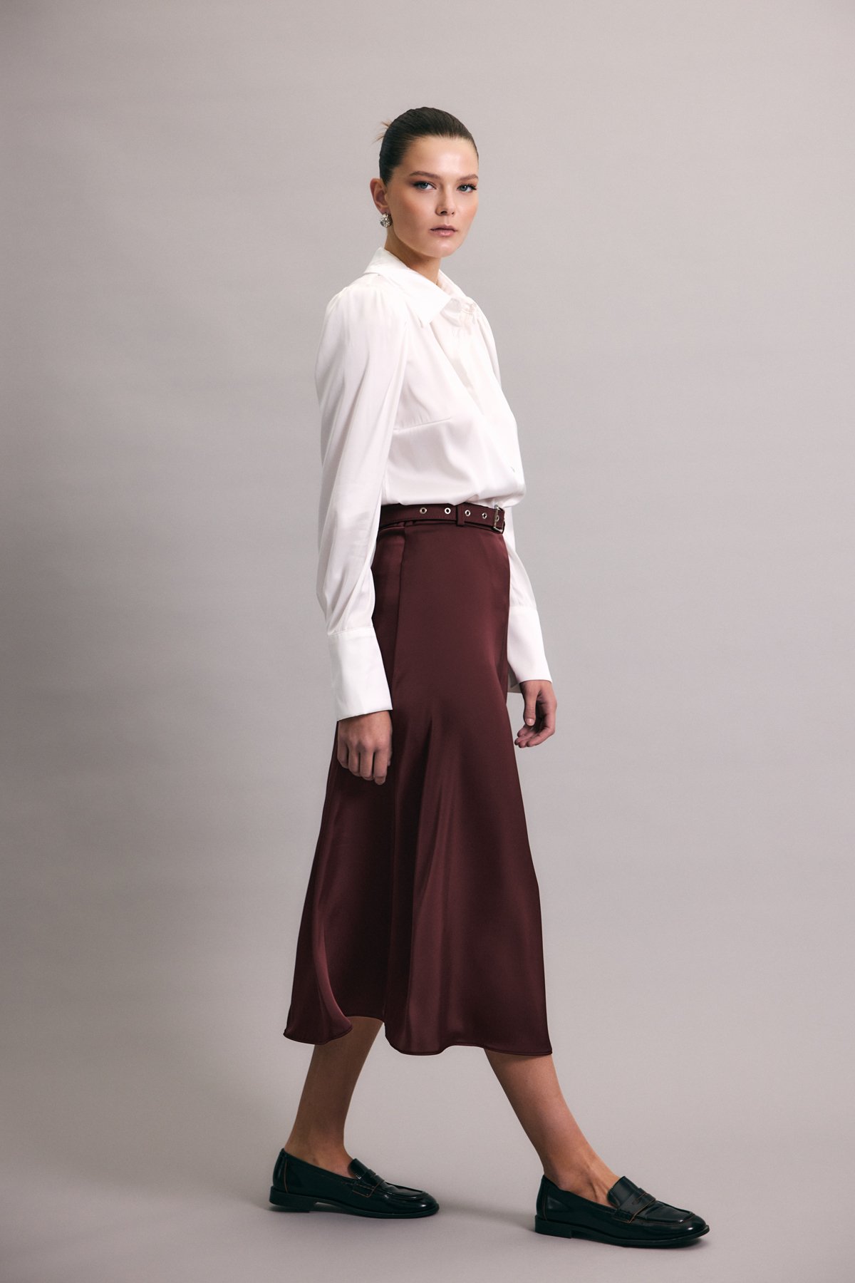 Kemerli Saten Etek - Bordo