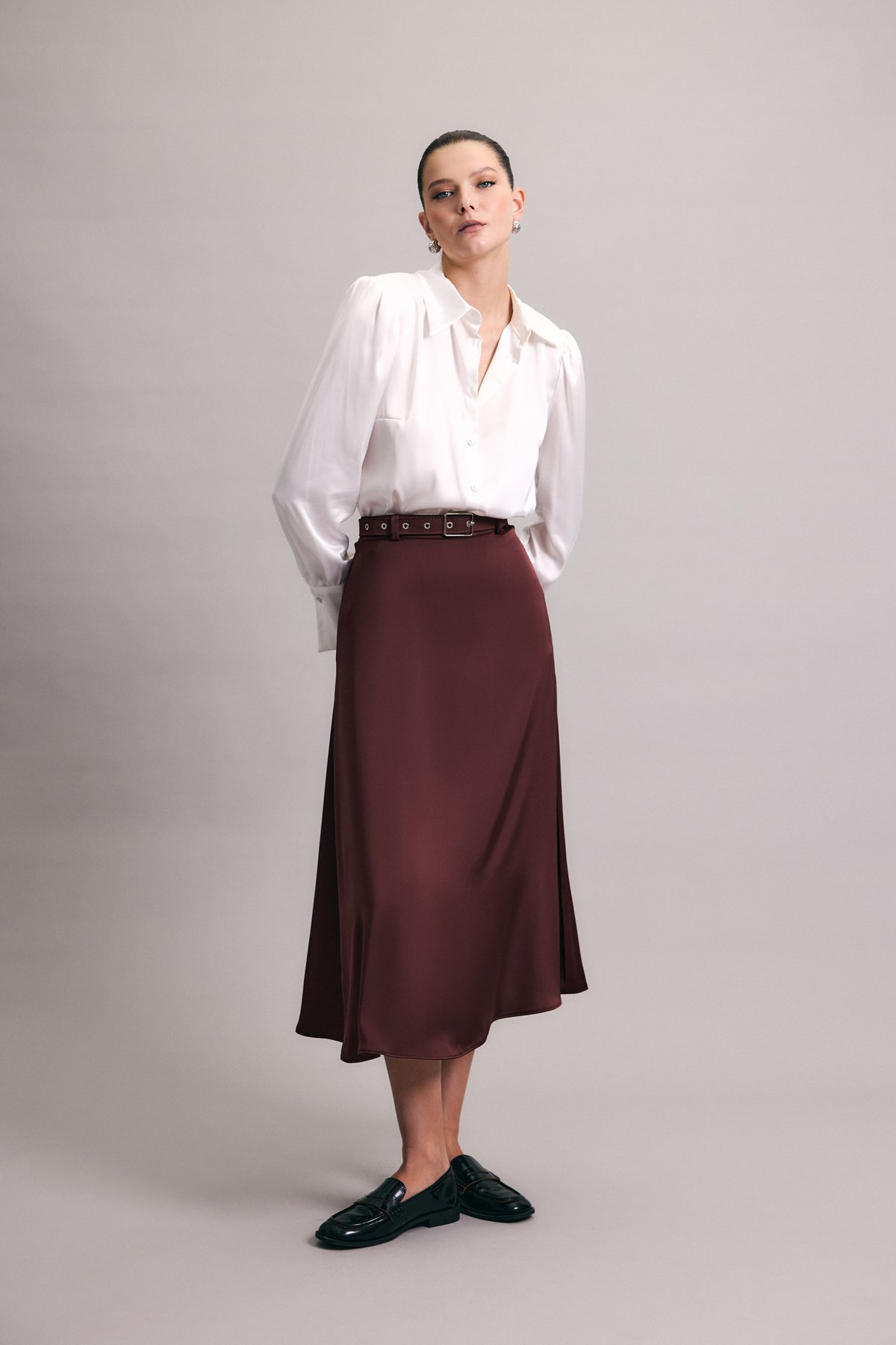 Kemerli Saten Etek - Bordo