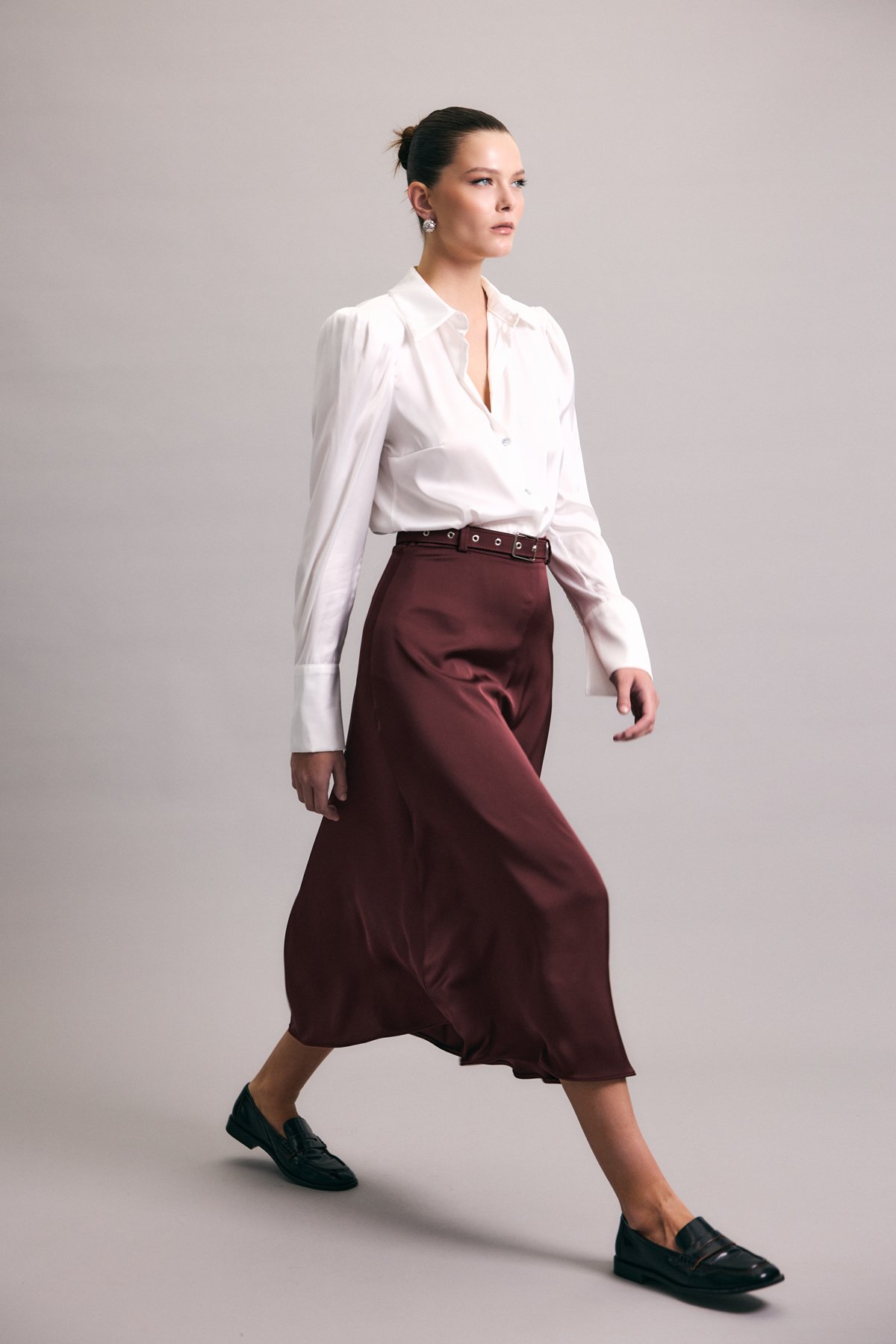 Kemerli Saten Etek - Bordo