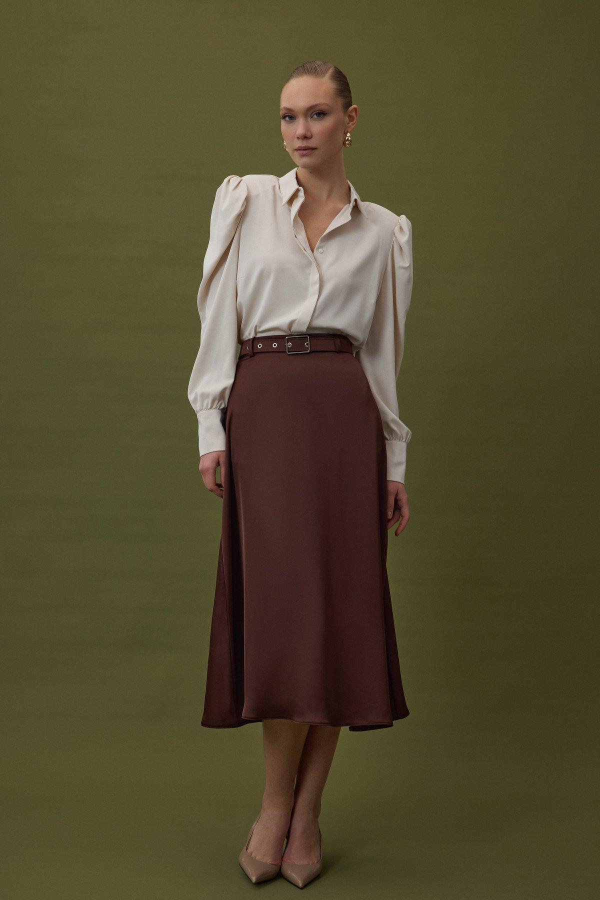 Kemerli Saten Etek - Kahve