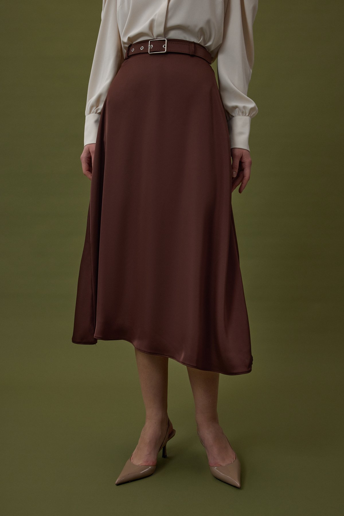 Kemerli Saten Etek - Kahve