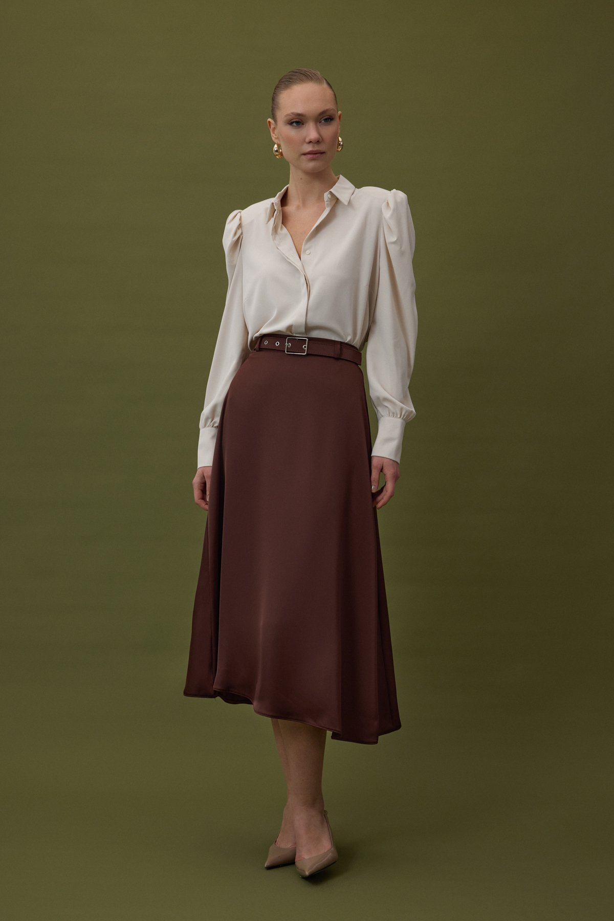 Kemerli Saten Etek - Kahve