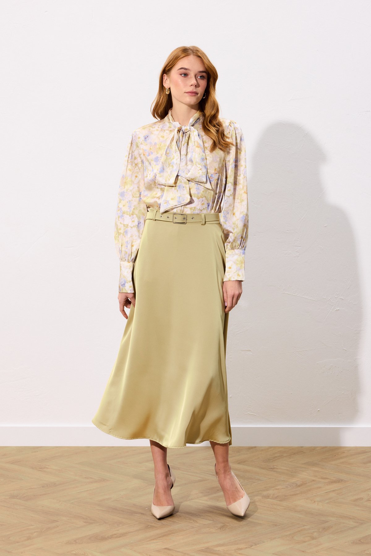 Kemerli Saten Etek - Olive