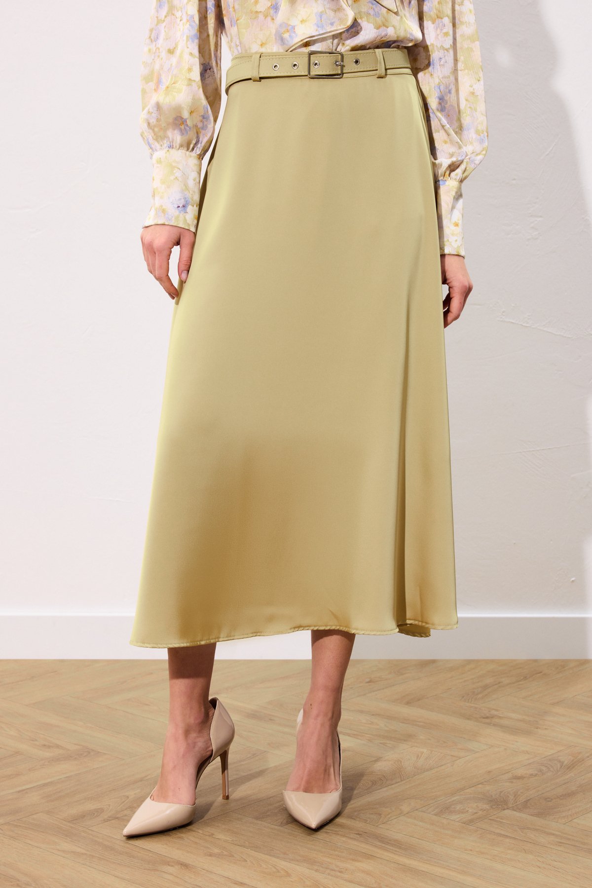 Kemerli Saten Etek - Olive