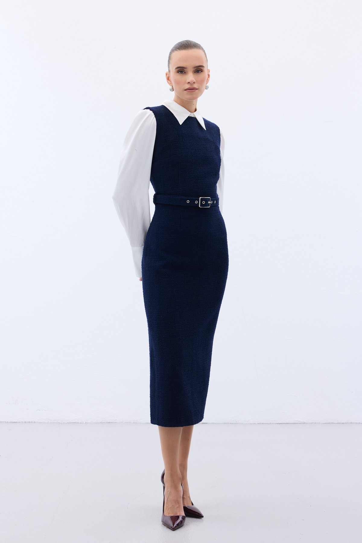 Kemerli Tüvit Elbise - Lacivert