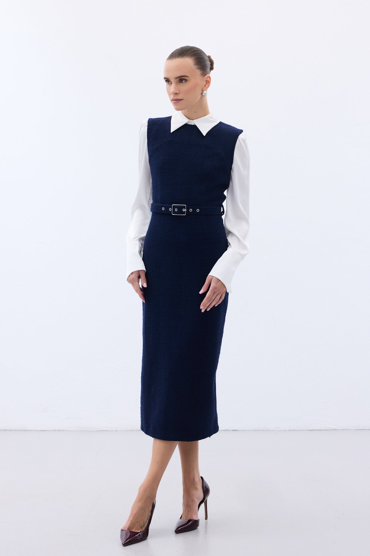 Kemerli Tüvit Elbise - Lacivert