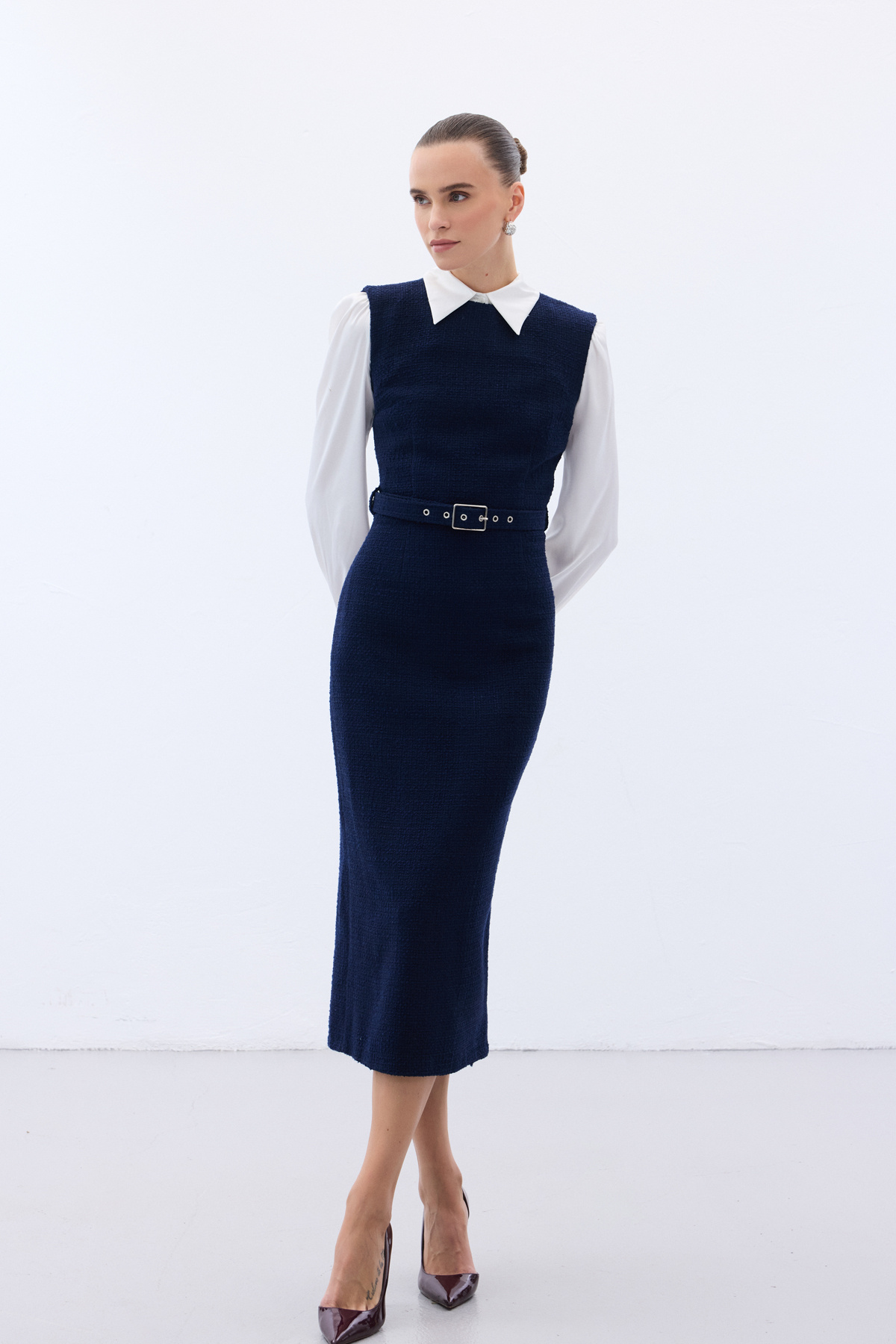 Kemerli Tüvit Elbise - Lacivert