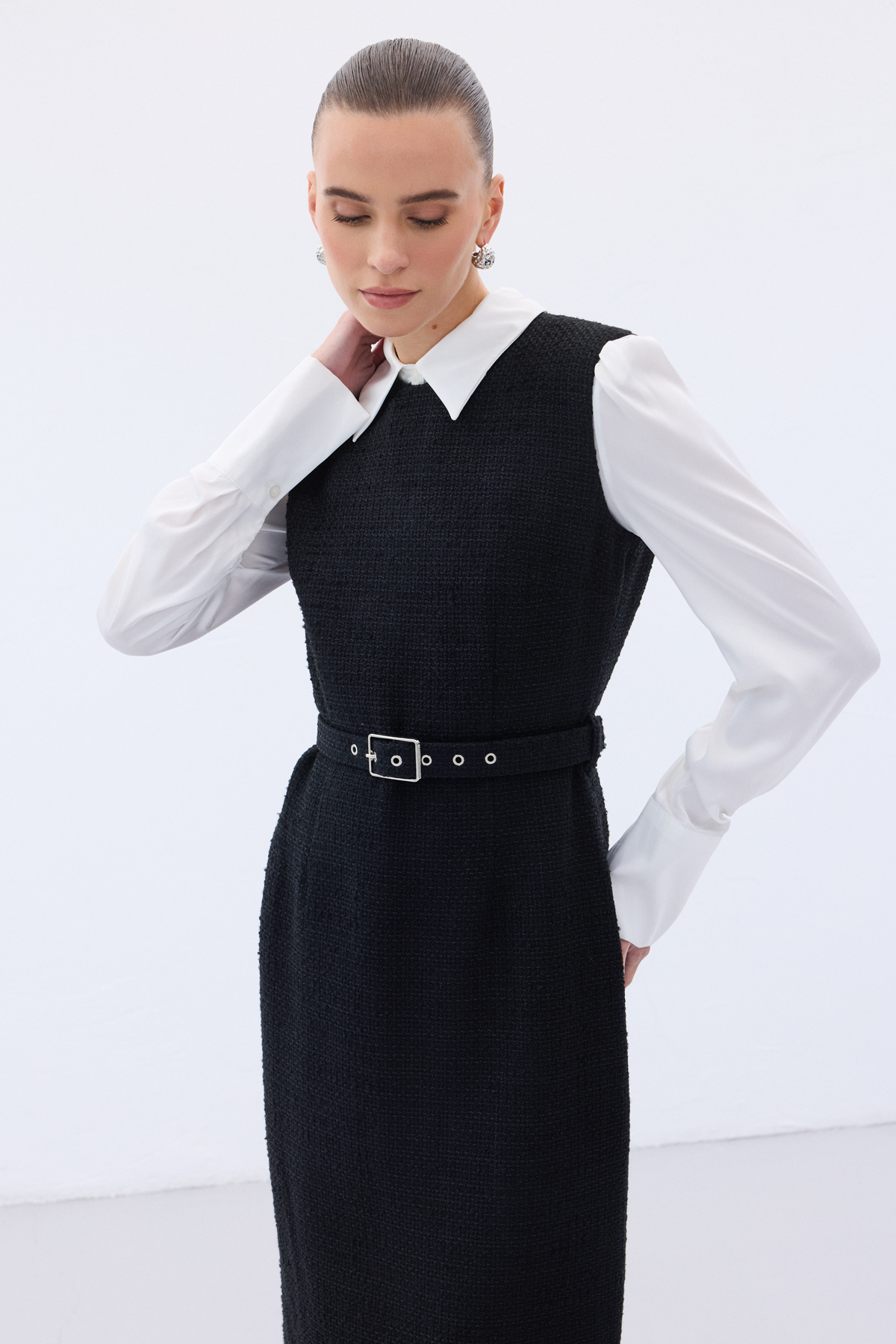 Kemerli Tüvit Elbise - Siyah