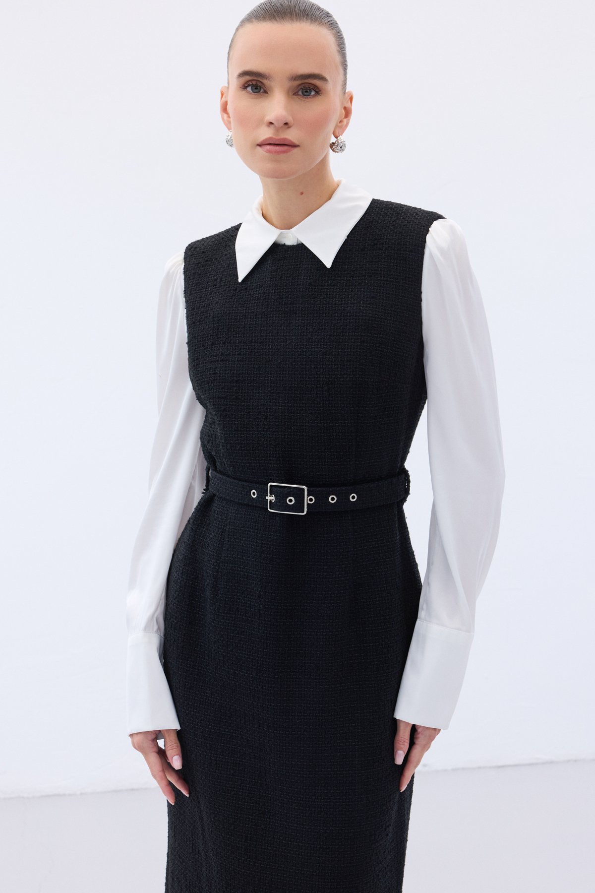 Kemerli Tüvit Elbise - Siyah