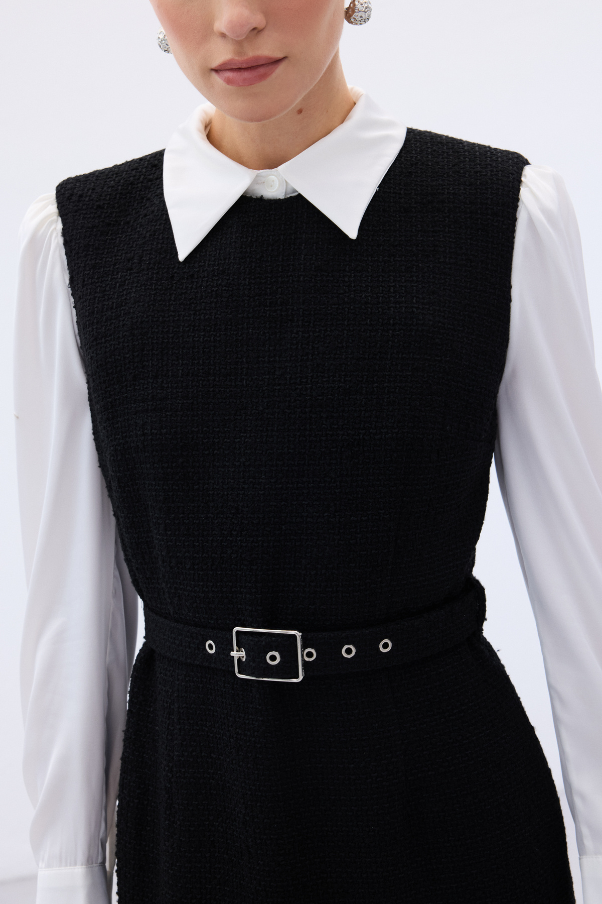 Kemerli Tüvit Elbise - Siyah