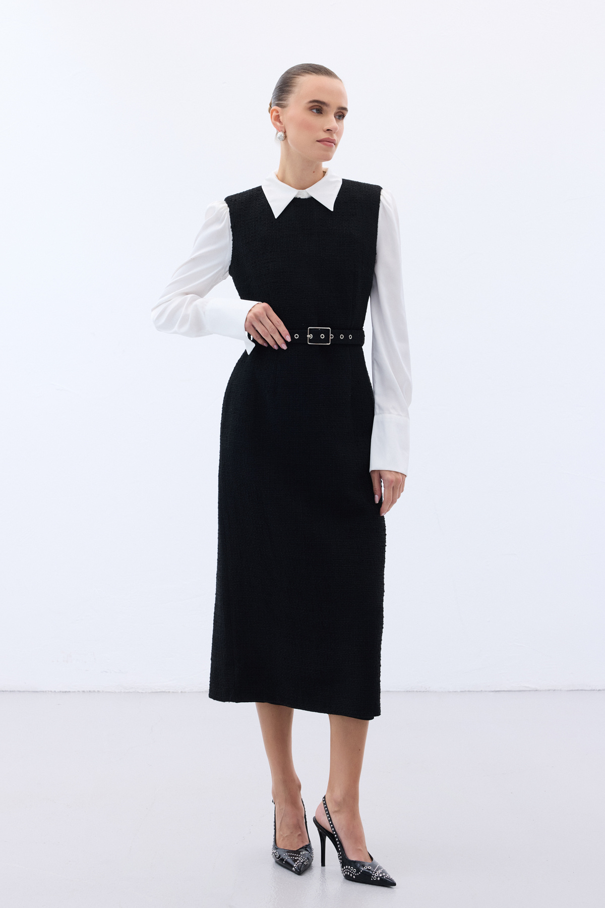 Kemerli Tüvit Elbise - Siyah