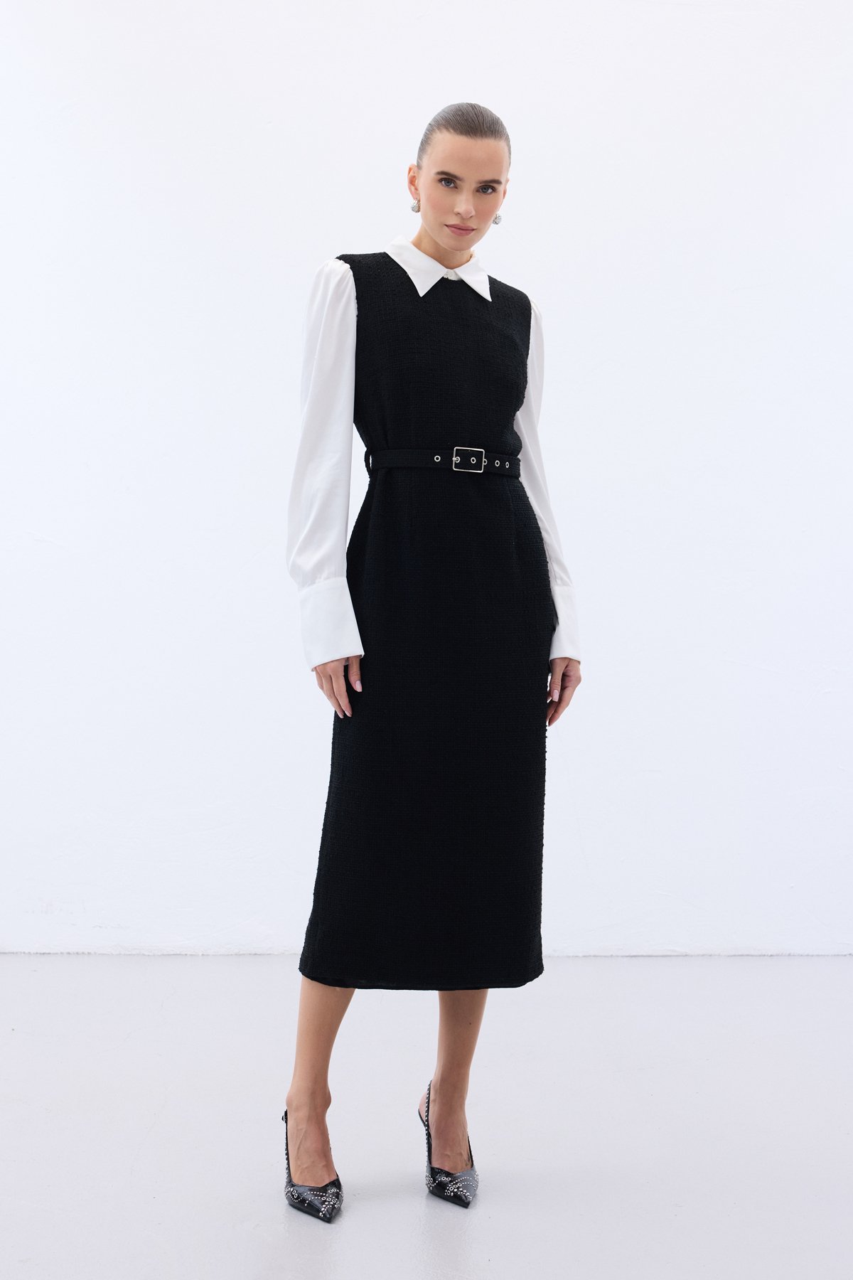 Kemerli Tüvit Elbise - Siyah