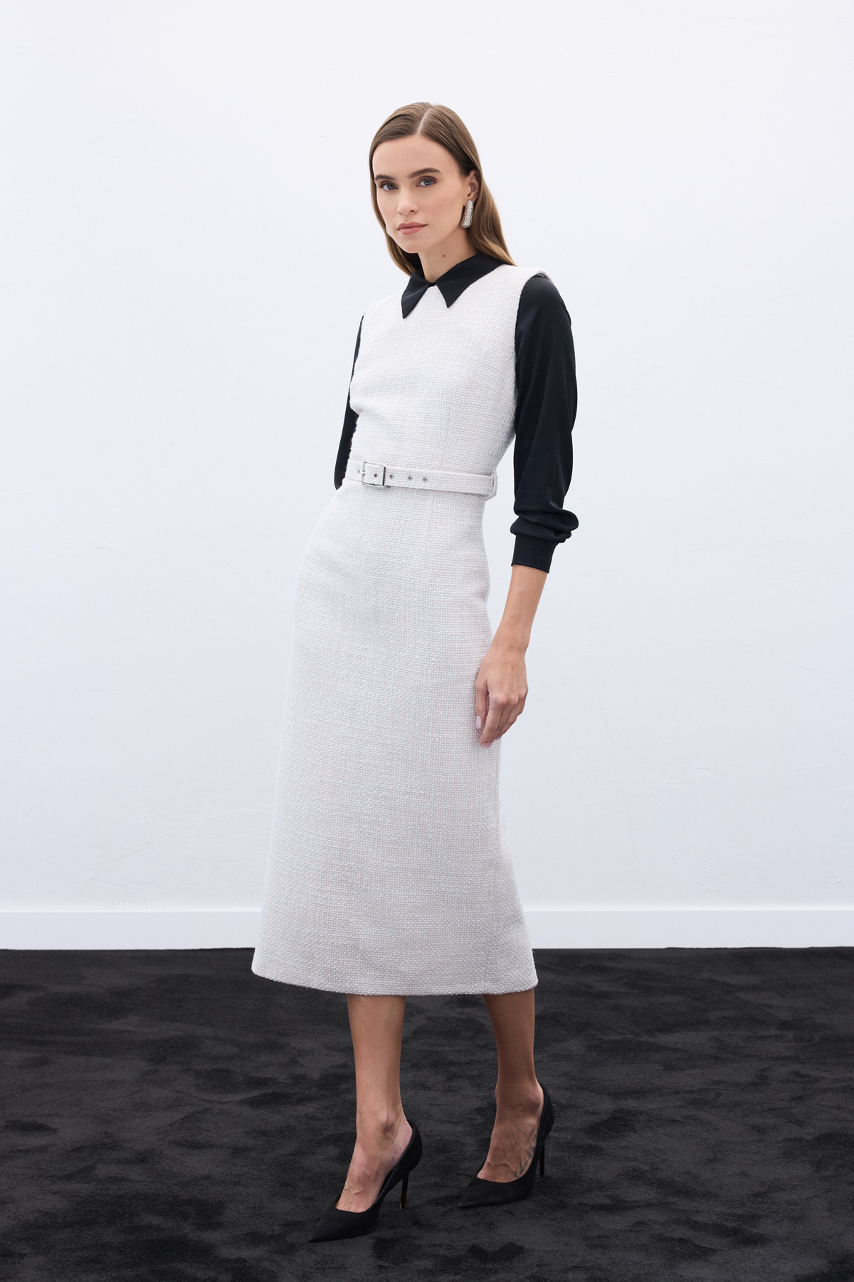 Kemerli Tüvit Elbise - Taş