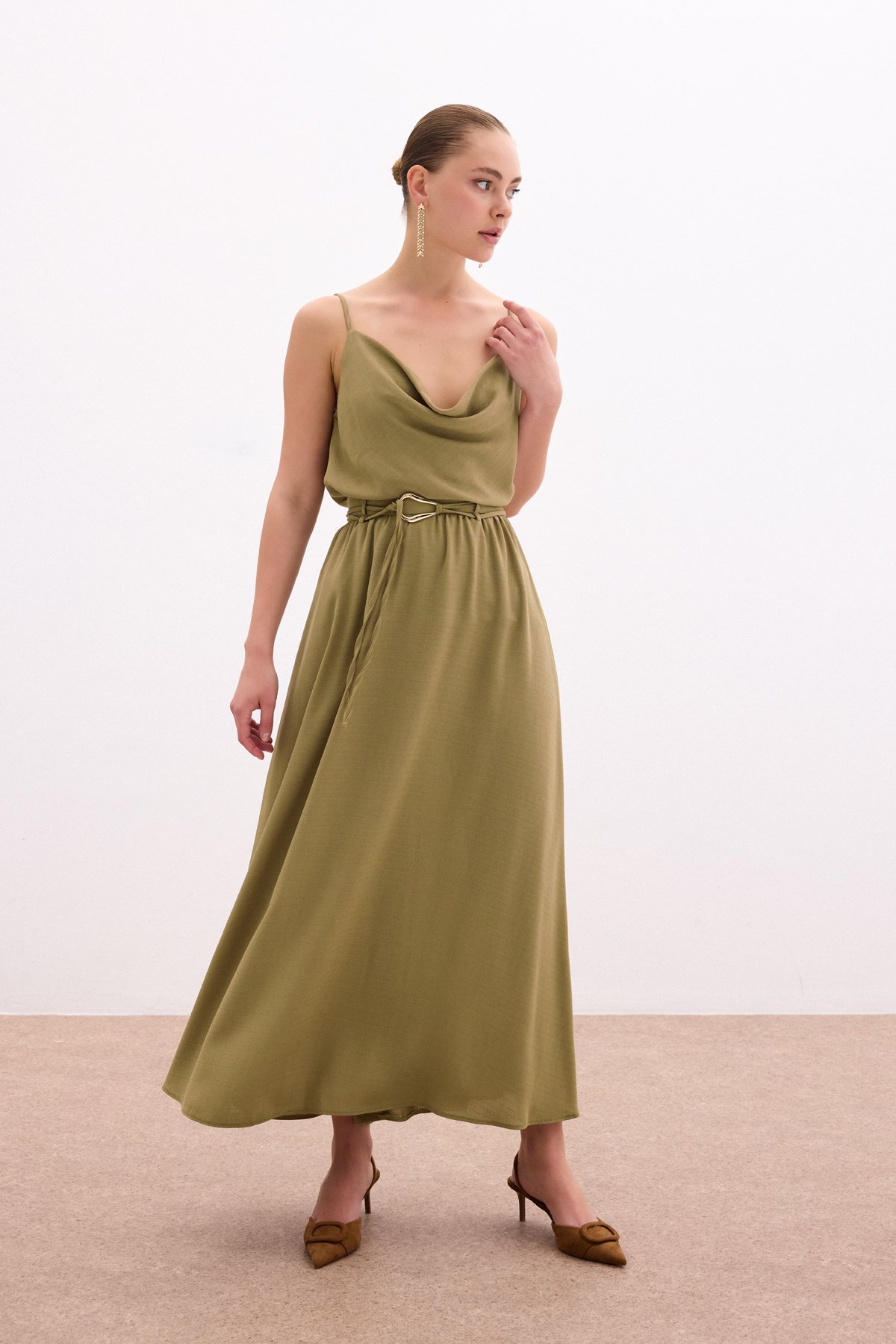 Kemerli Uzun Etek - Haki