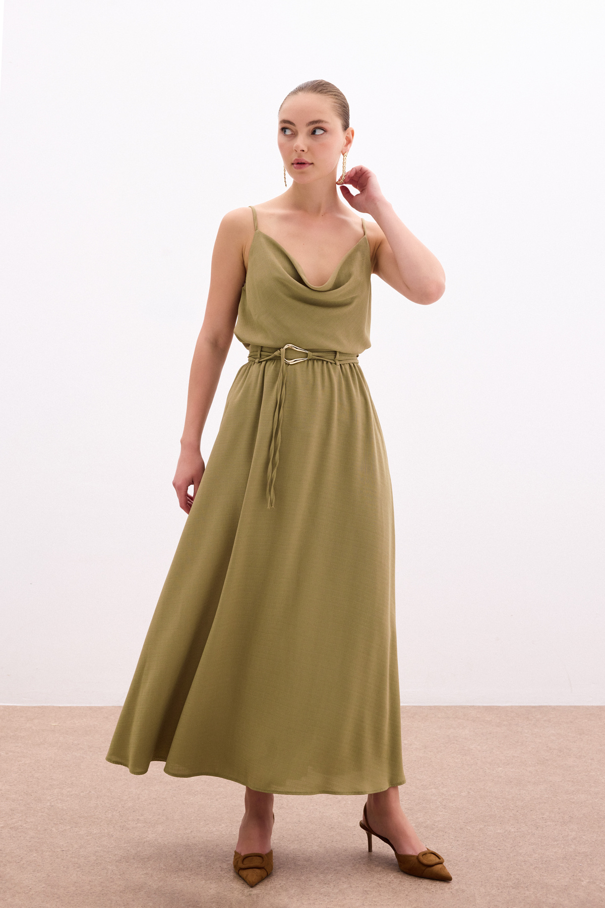 Kemerli Uzun Etek - Haki