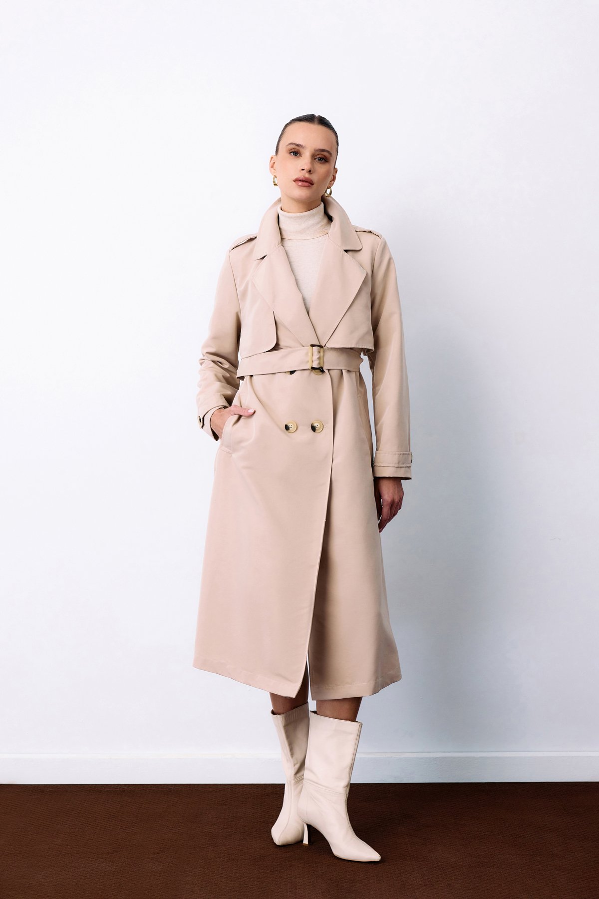 Kemerli Uzun Trençkot - Bej