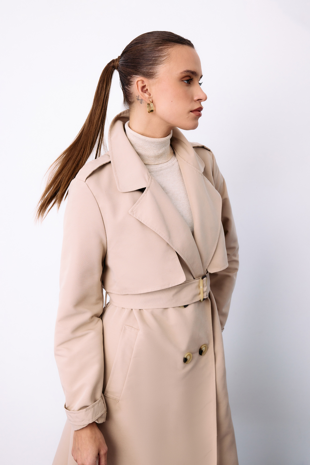 Kemerli Uzun Trençkot - Bej