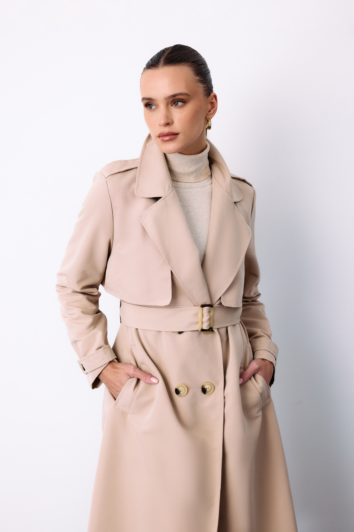 Kemerli Uzun Trençkot - Bej