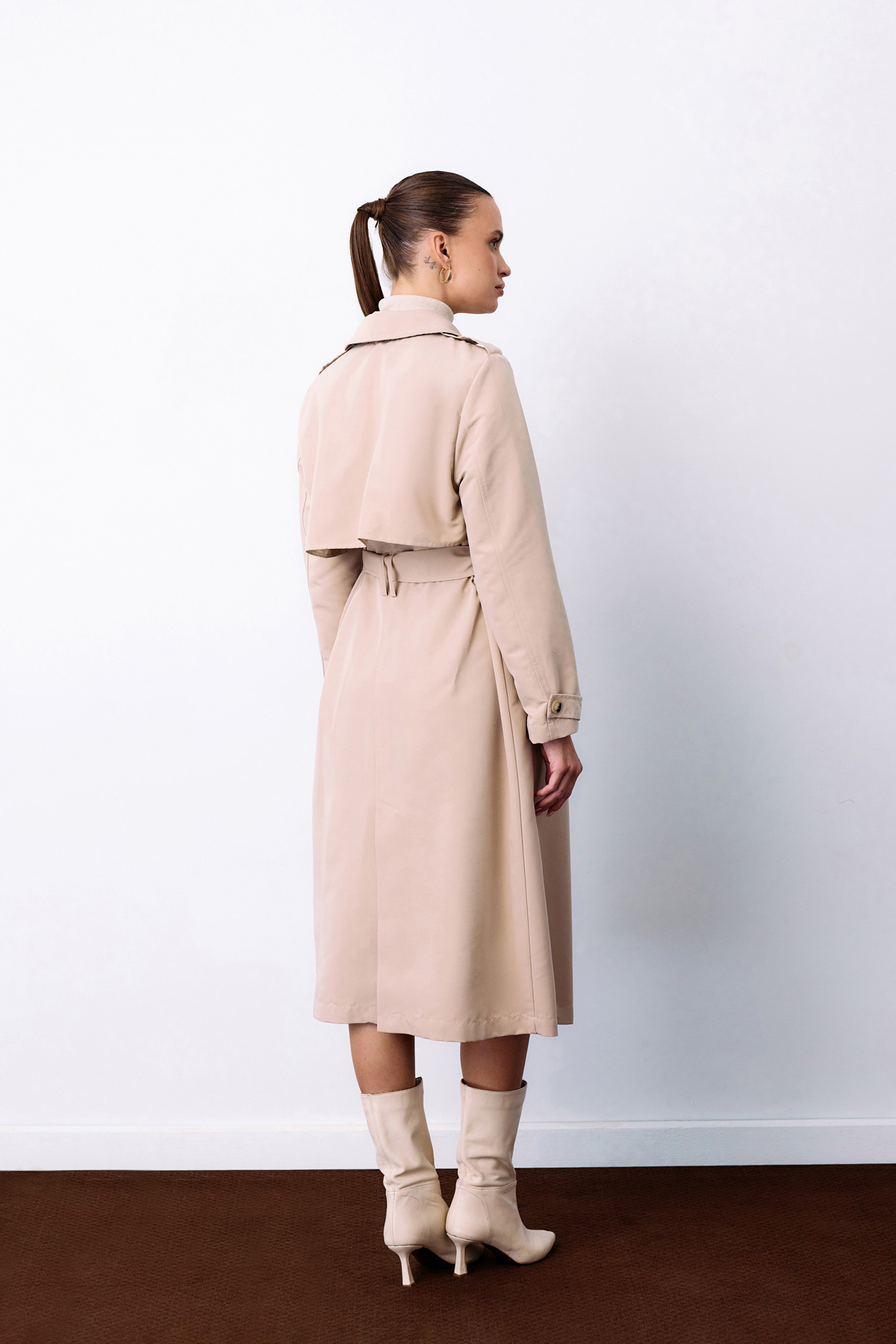Kemerli Uzun Trençkot - Bej