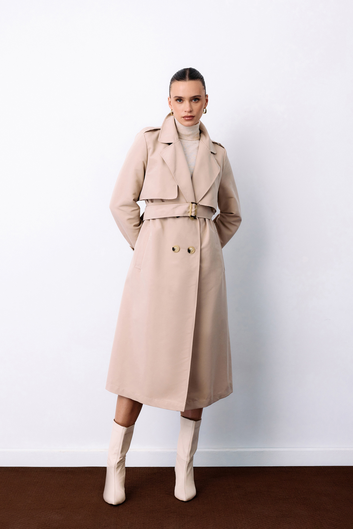 Kemerli Uzun Trençkot - Bej