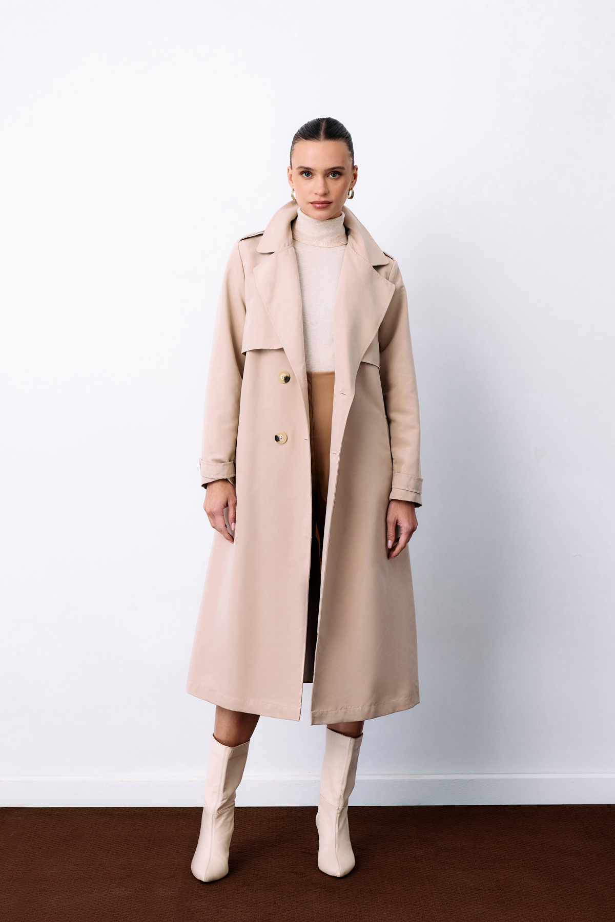 Kemerli Uzun Trençkot - Bej