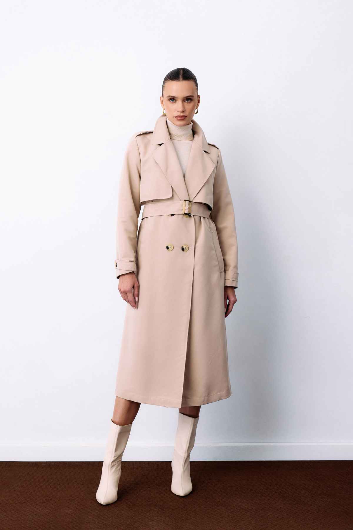Kemerli Uzun Trençkot - Bej