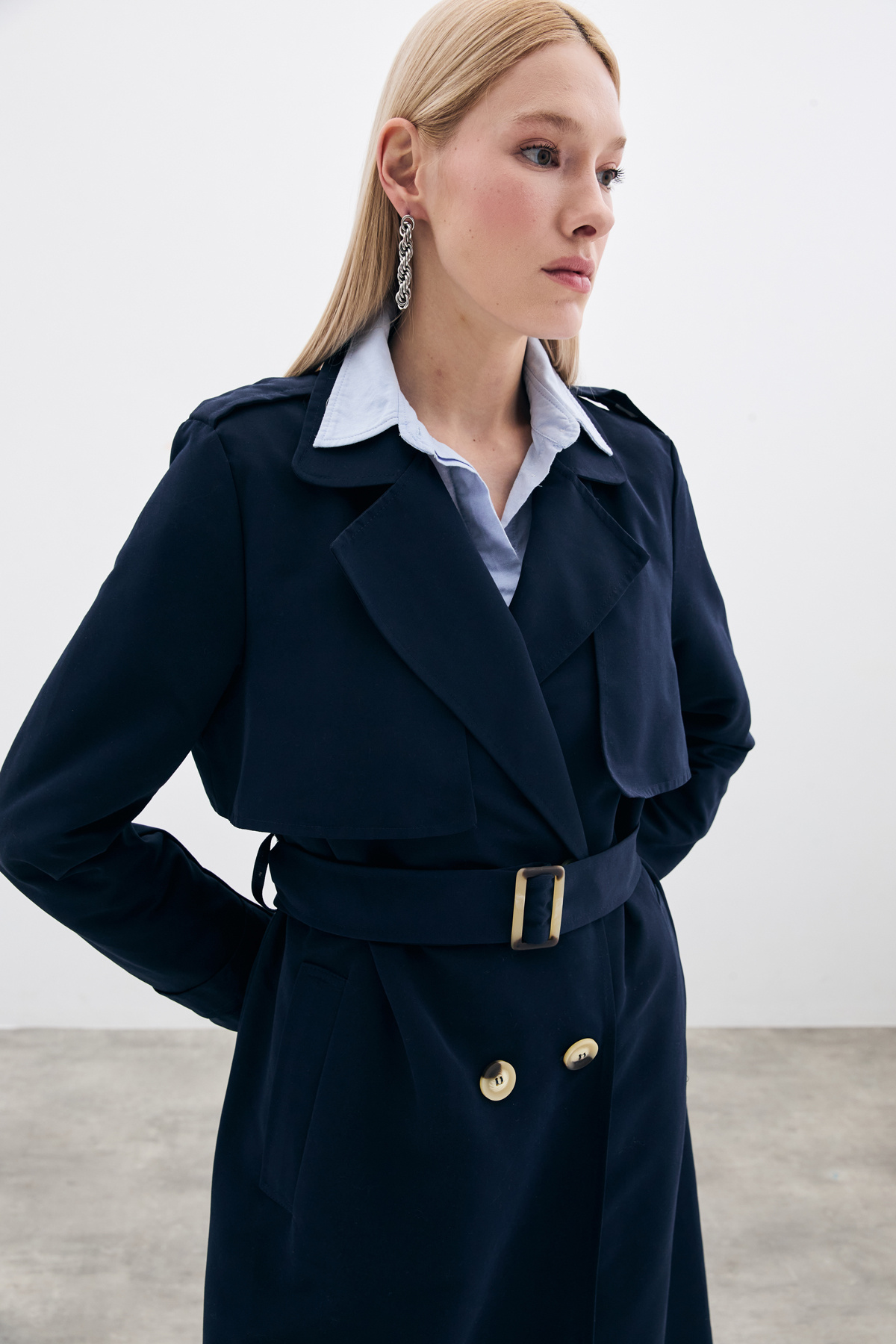 Kemerli Uzun Trençkot - Lacivert