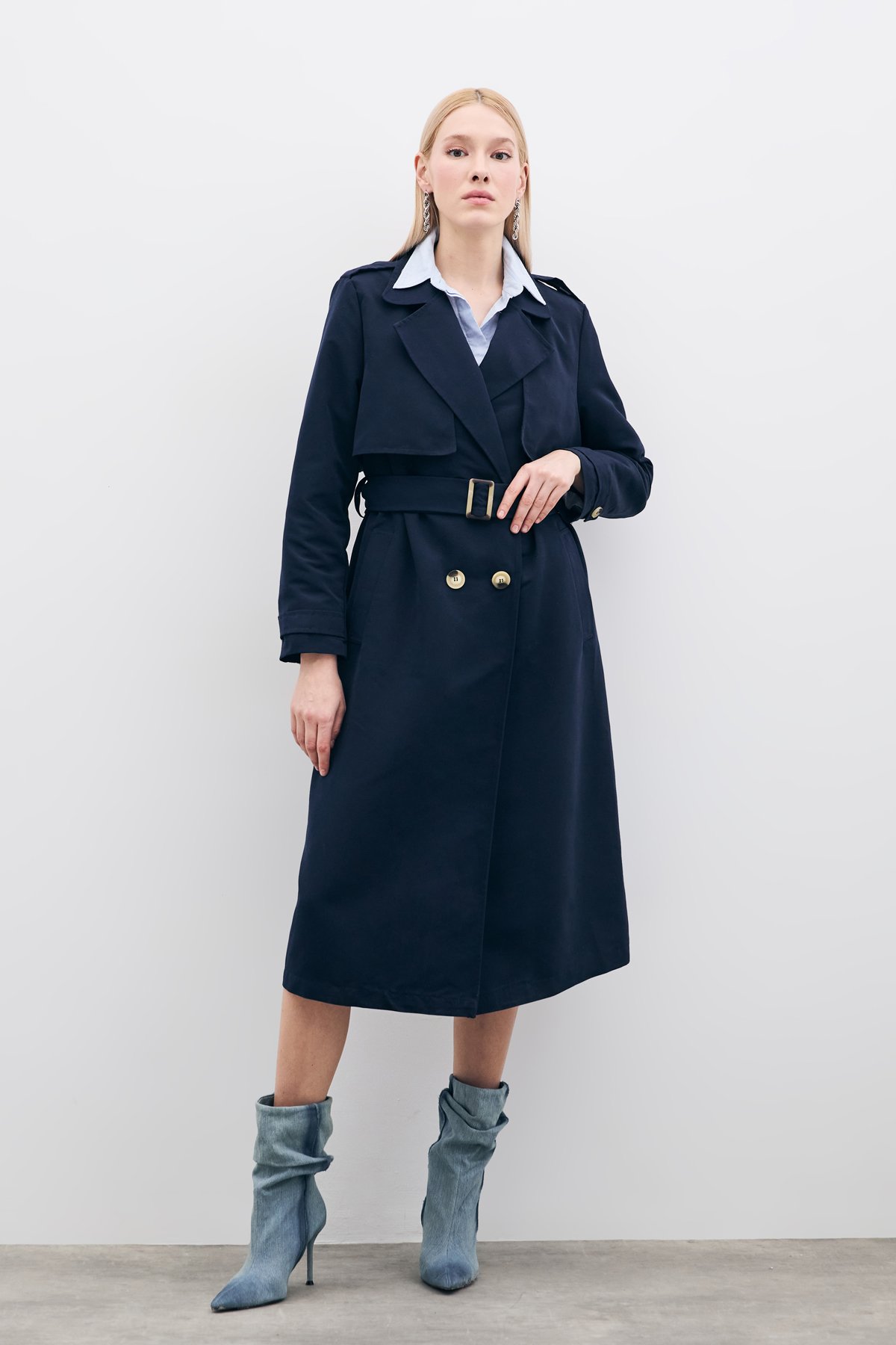 Kemerli Uzun Trençkot - Lacivert