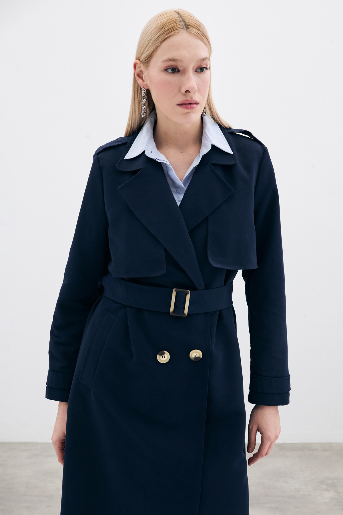 Kemerli Uzun Trençkot - Lacivert