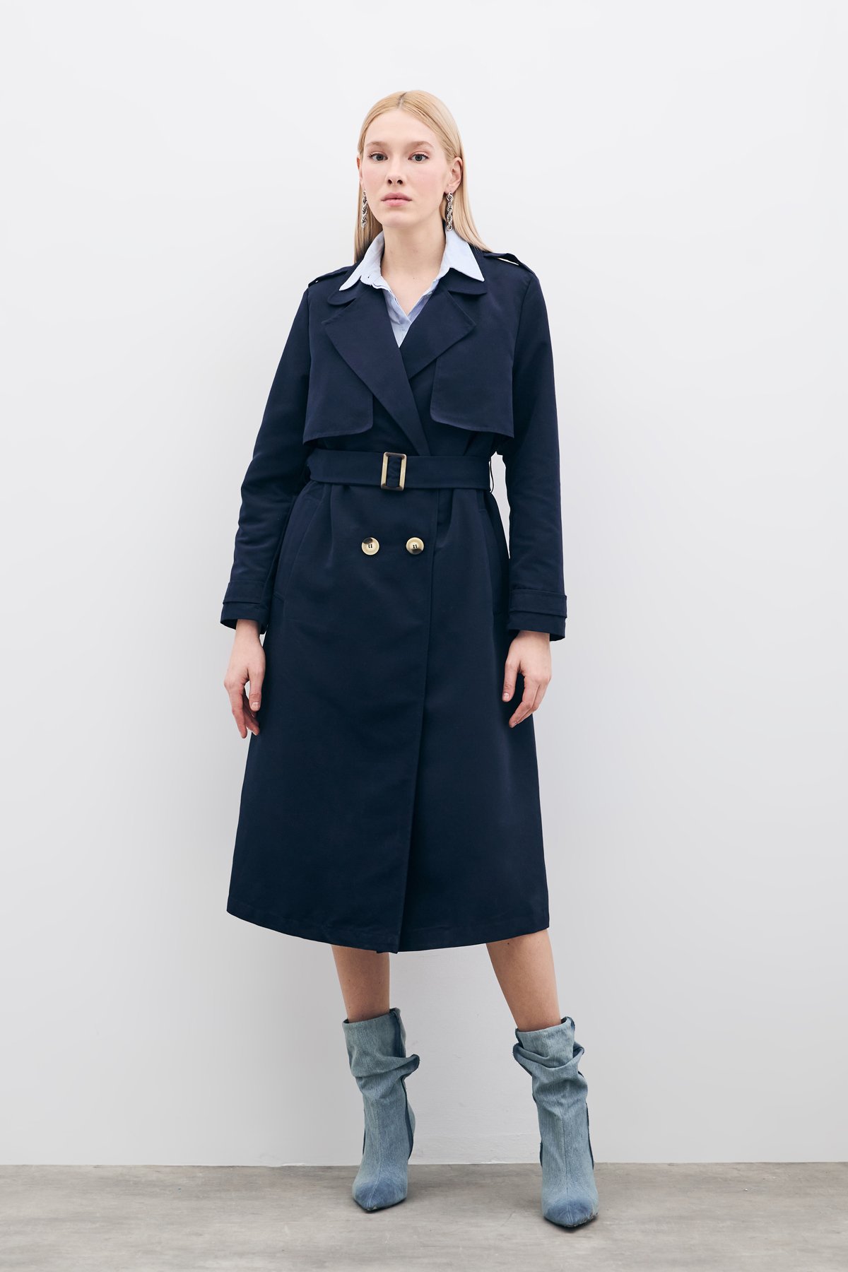 Kemerli Uzun Trençkot - Lacivert