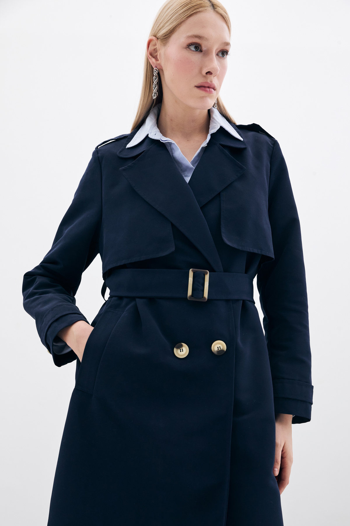 Kemerli Uzun Trençkot - Lacivert