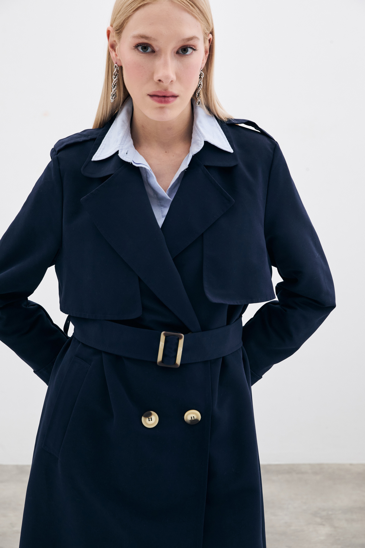 Kemerli Uzun Trençkot - Lacivert